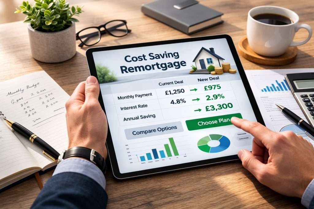 Close-up of hands touching a tablet displaying "Cost saving remortgage" options on a desk with a plant.