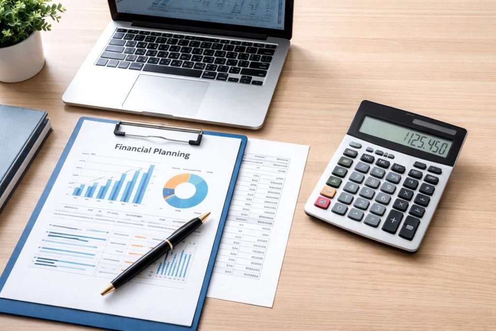 Overhead shot of a laptop, document, pen, and calculator on a desk for financial planning.