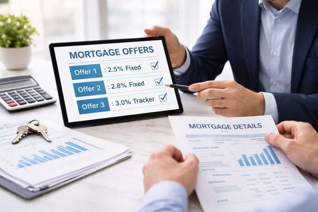 Two people discussing mortgage offers, one showing options on a tablet, the other reviewing a document.