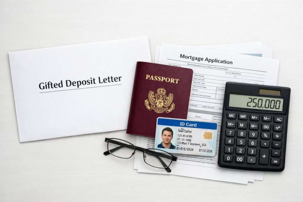 A 'Gifted Deposit Letter' envelope, passport, ID card, calculator, and documents on a white desk.