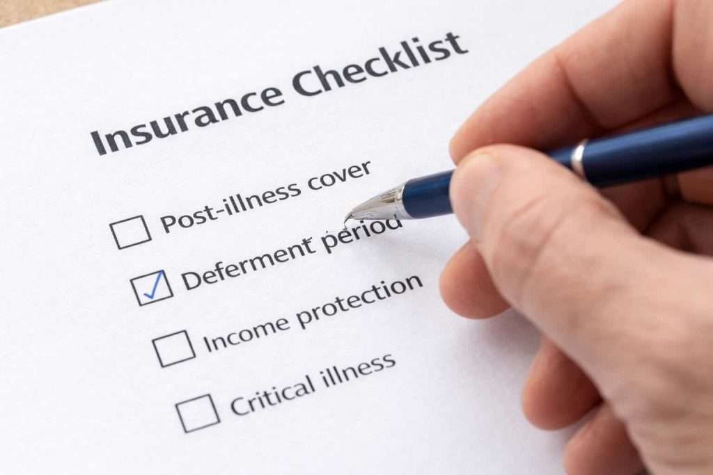 A hand holding a pen checks a 'Deferment period' box on an insurance checklist.