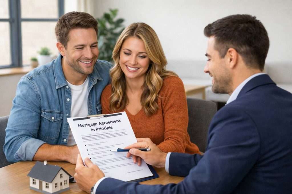 A smiling couple discusses a mortgage agreement in principle with a real estate agent.