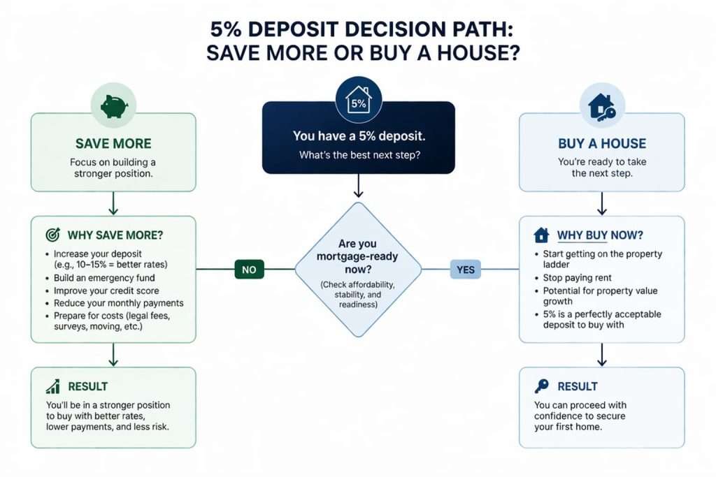 Flowchart illustrating the decision path for a 5% deposit to either save more or buy a house.