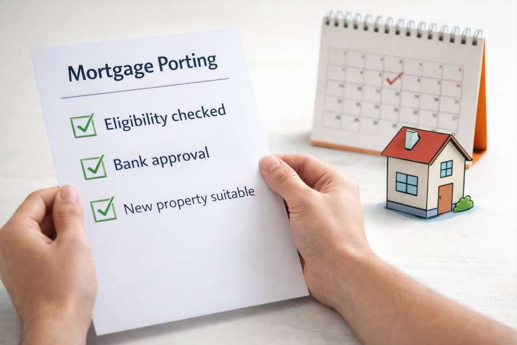 Hands hold a 'Mortgage Porting' checklist document with a checkmark, beside a miniature house and calendar.
