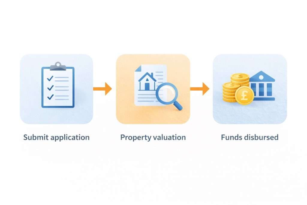 Infographic showing a three-step bridging loan application process: application submission, property valuation, and funds disbursement.