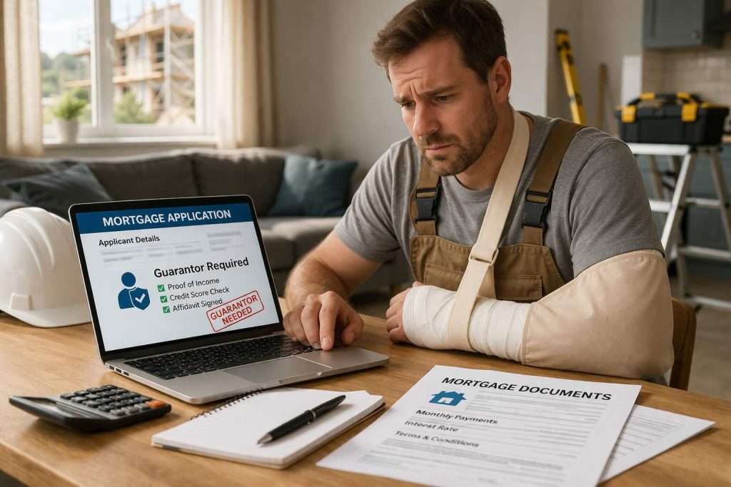 Injured tradesman with bandaged arm looks concerned while reviewing mortgage documents on his laptop.