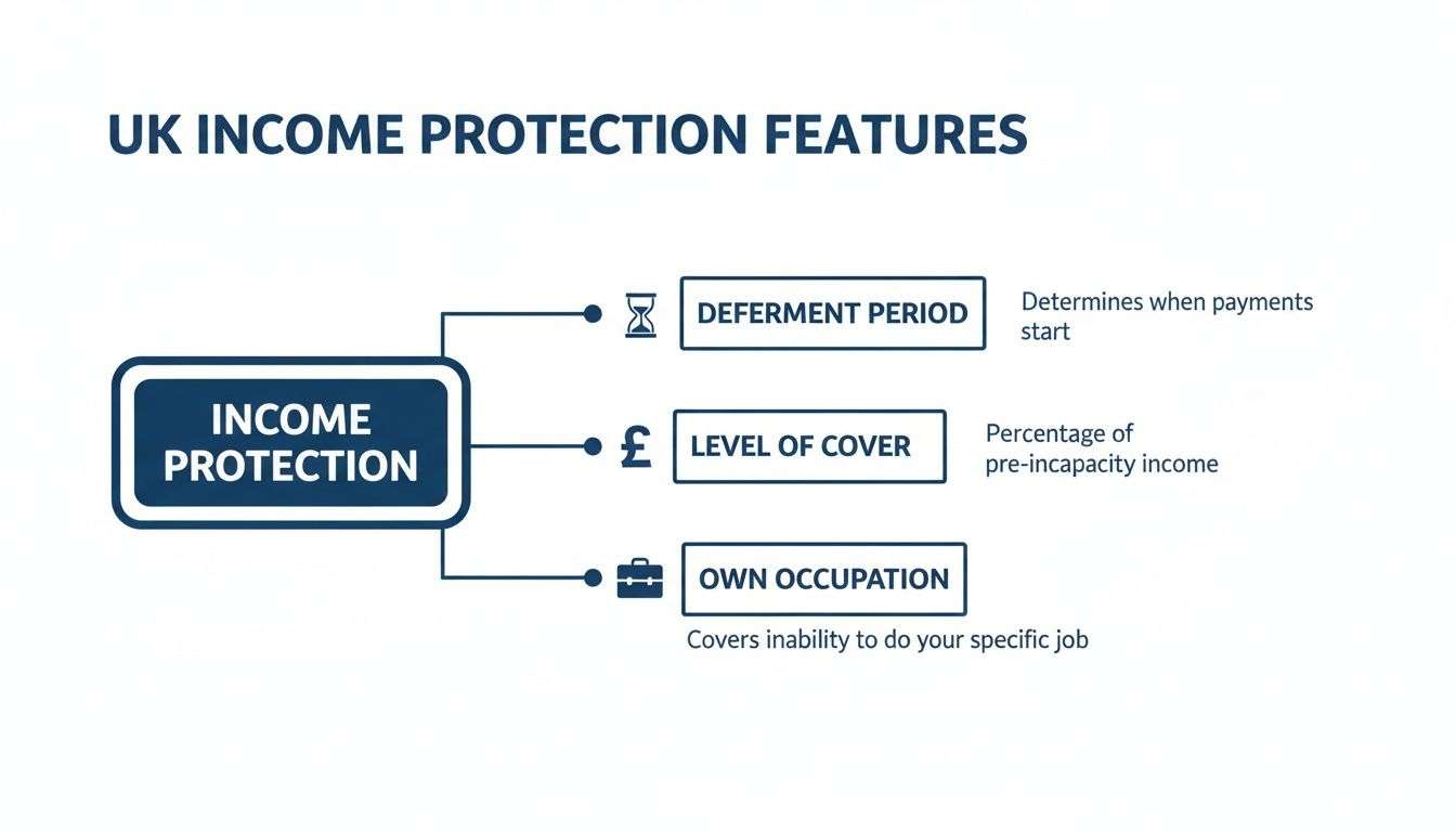 An infographic detailing UK income protection features: deferment period, level of cover, and own occupation definition.