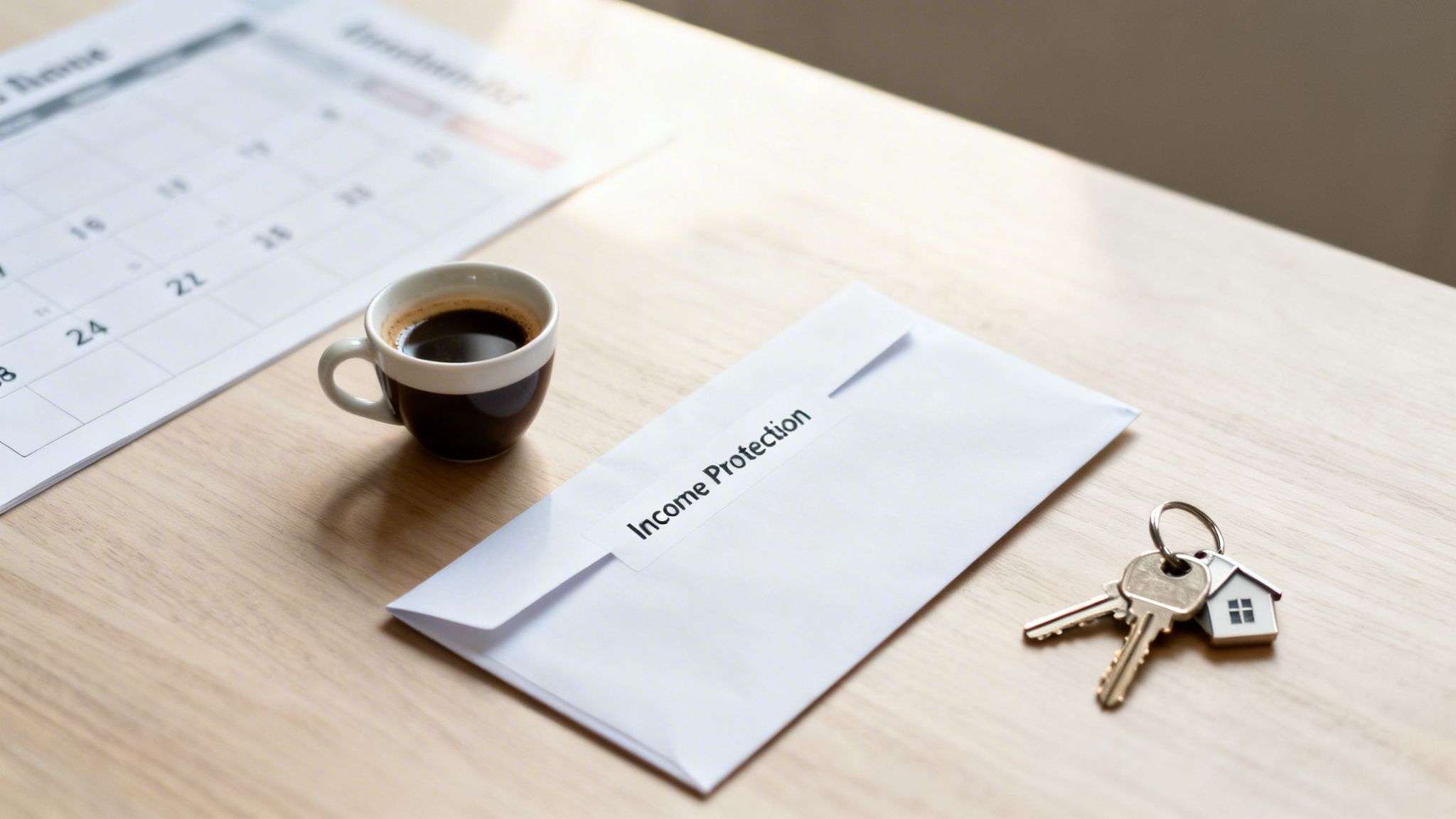 An office desk with an 'Income Protection' envelope, house keys, coffee, and a calendar for financial planning.