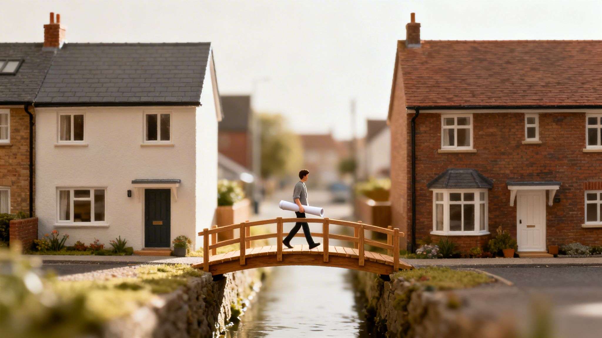 Miniature person with building plans crosses a small wooden bridge between two houses.