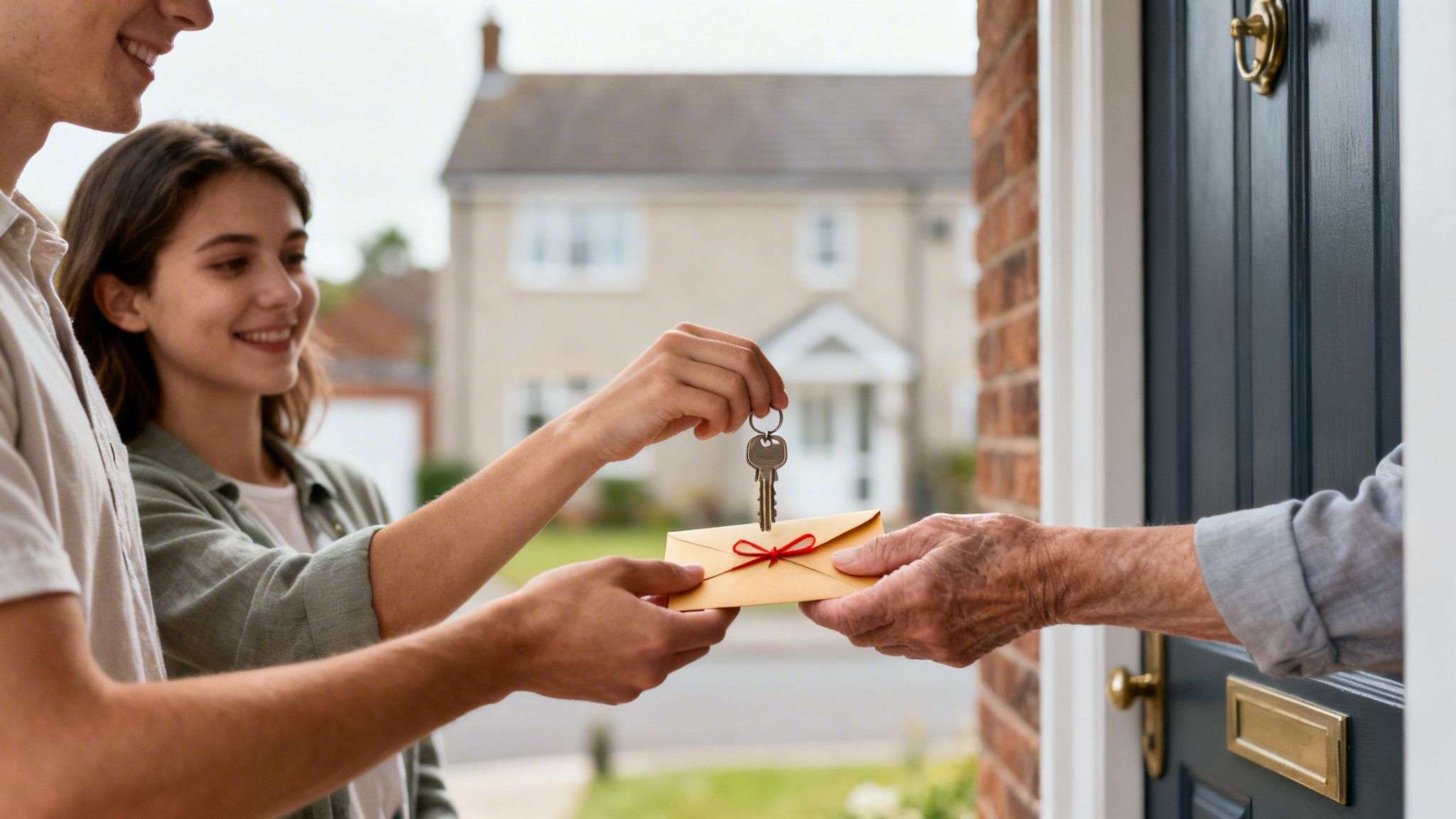 A happy young couple receives a house key and an envelope from an older person's hand.