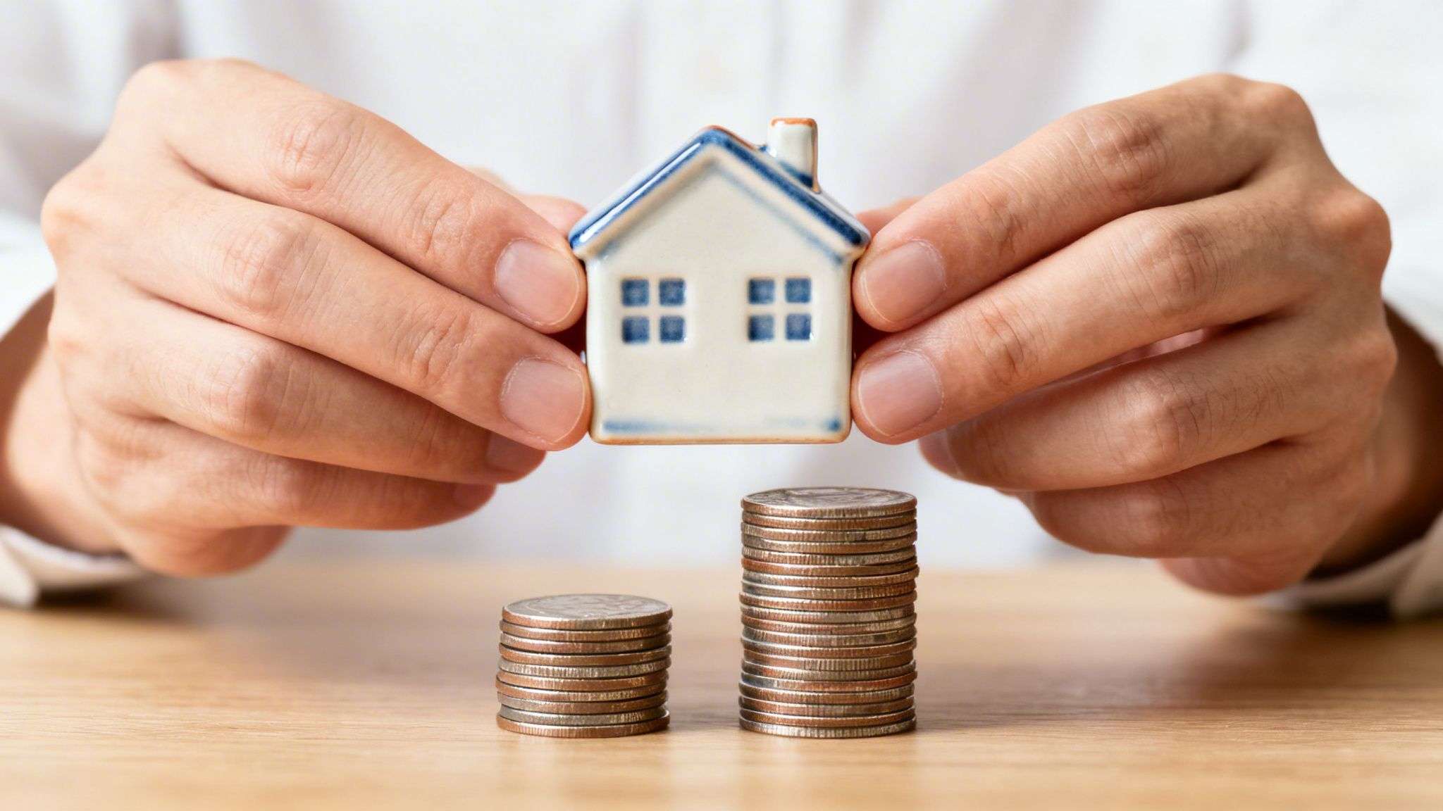 Hands hold a miniature house model above two stacks of coins, symbolizing home savings and investment.