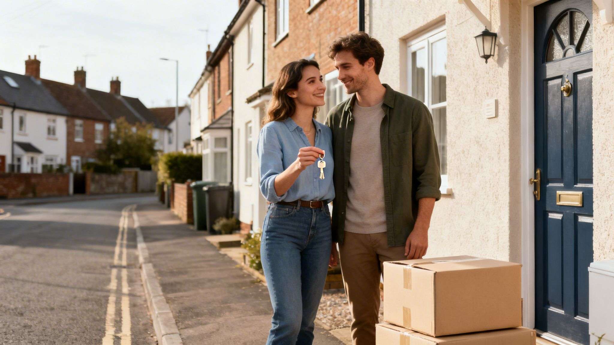 A happy couple holding house keys, smiling in front of their new home with moving boxes.