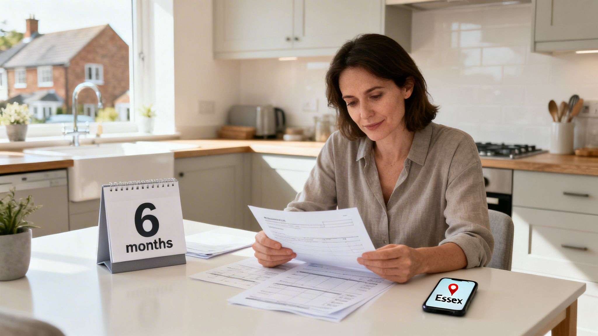 A woman sits at a bright kitchen table, reviewing paperwork, with a calendar showing "6 months" and a phone displaying "Essex".