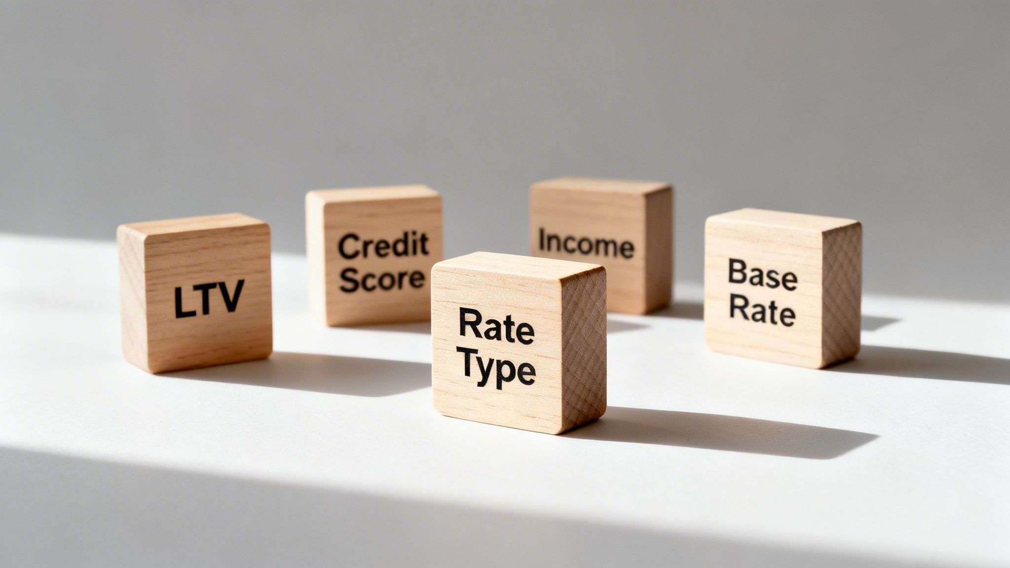 Wooden blocks display factors influencing mortgage interest rates: LTV, Credit Score, Income, Rate Type, Base Rate.