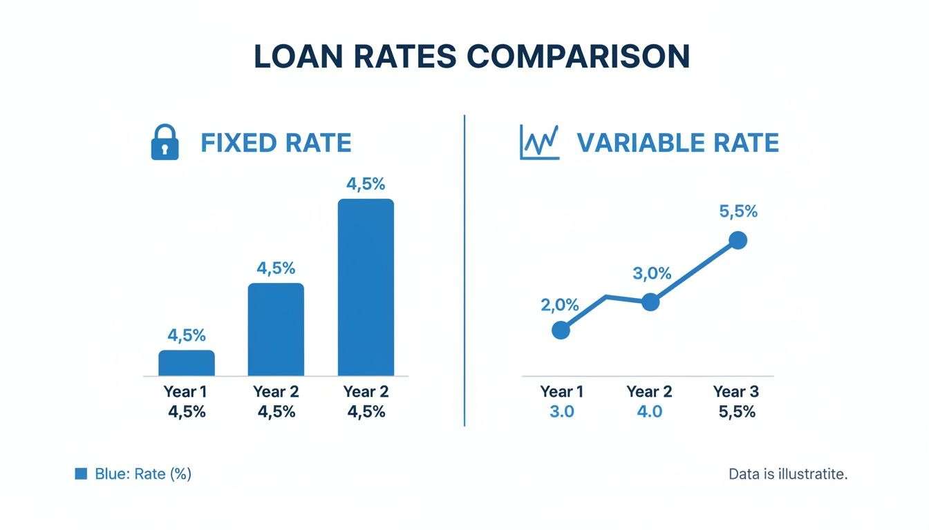 Chart comparing fixed 4.5% and variable 2.0-5.5% loan interest rates over three years.