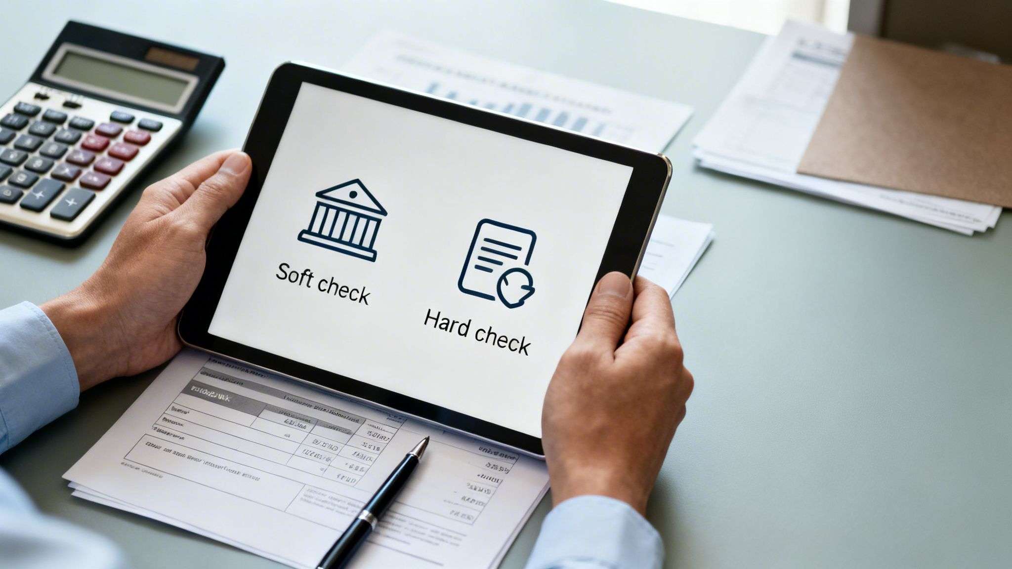 Hands holding a tablet displaying 'Soft check' and 'Hard check' options on a desk.