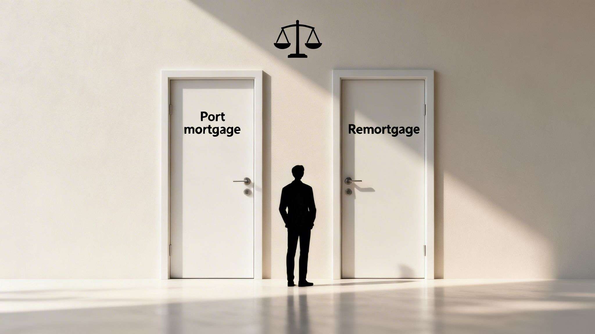 Silhouette of a person choosing between two doors labeled 'Port mortgage' and 'Remortgage', with a weighing scale.