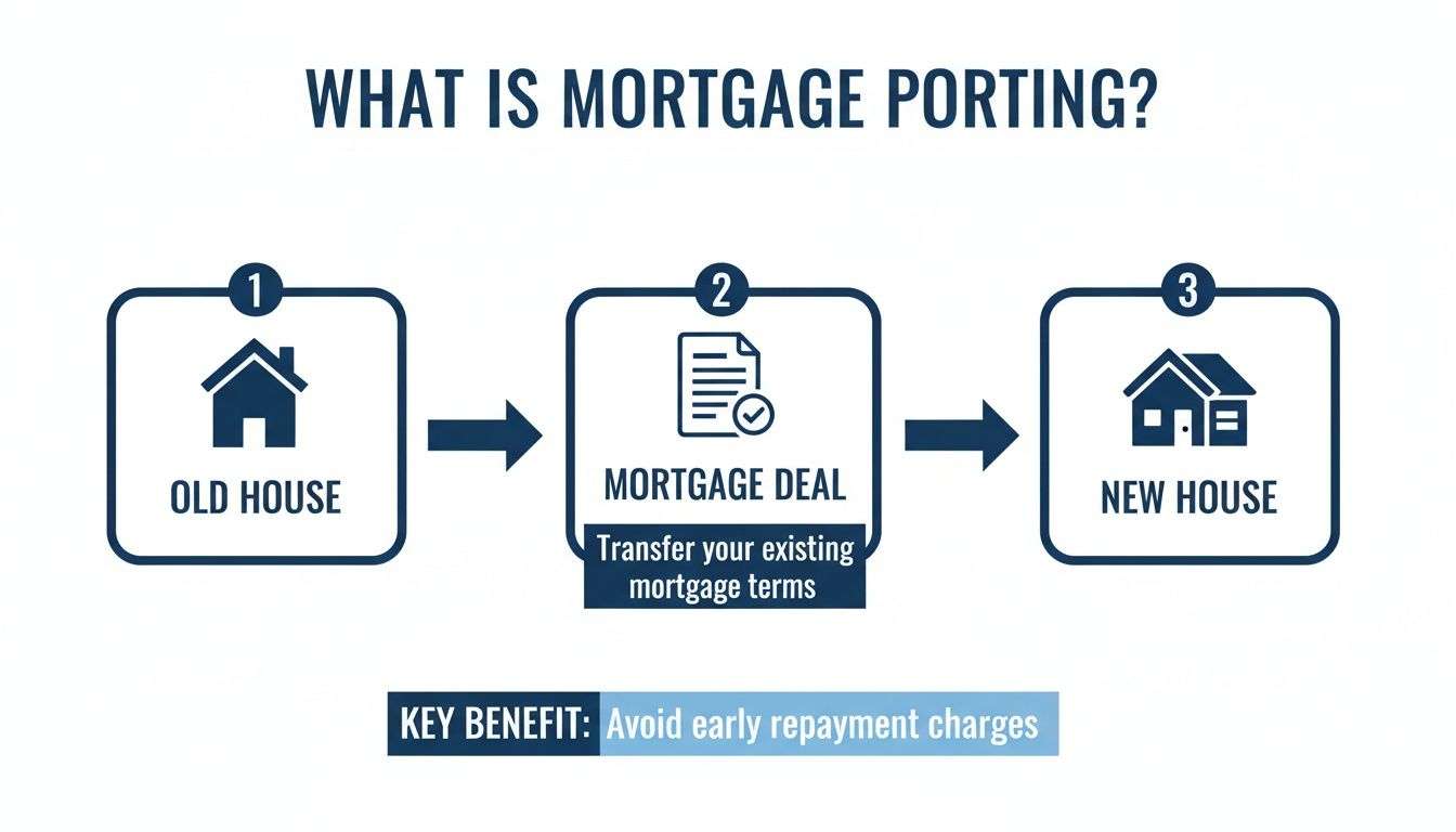 Diagram illustrating the mortgage porting process: moving an existing mortgage from an old house to a new one.