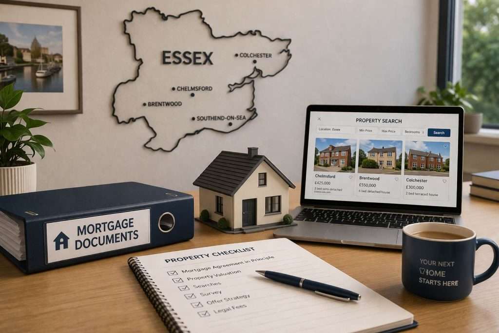 A desk featuring a "Mortgage documents" binder, a model house, laptop, and tea, with a map outline on the wall.