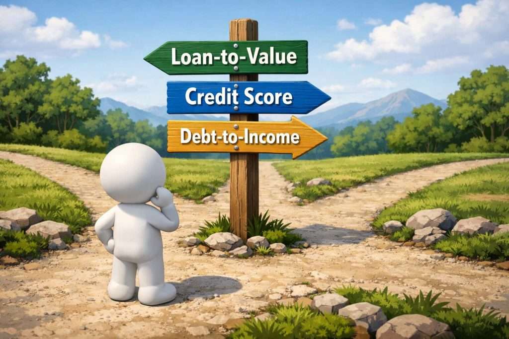 A figurine standing at a crossroad signpost choosing between loan-to-value, credit score, and debt-to-income options.