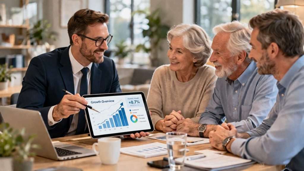 A financial advisor shows a digital tablet with growth charts to an elderly couple and a man.