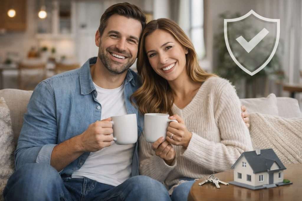 A happy couple sitting on a couch in their home holding coffee mugs, symbolizing mortgage security.