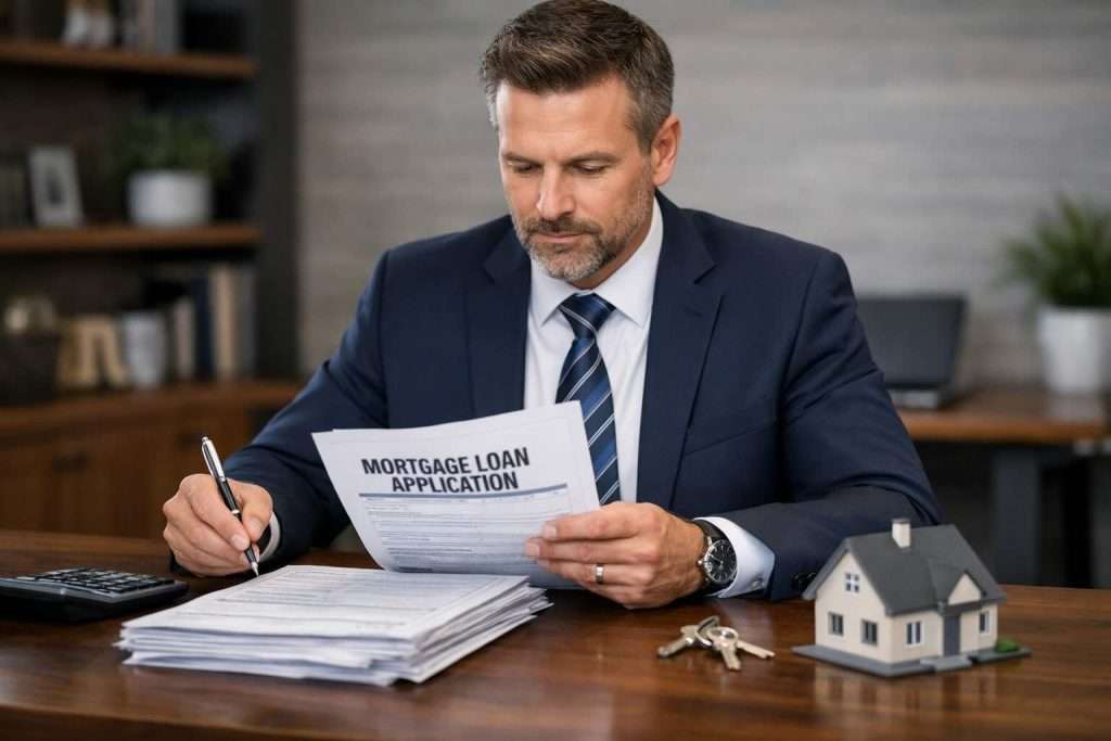 A professional in a suit reviewing mortgage loan application documents on a stack of papers.