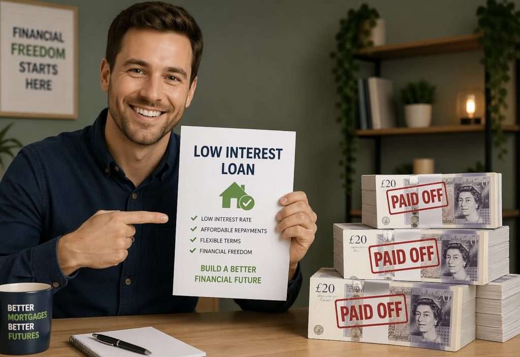 A smiling man holding a document about a low-interest loan next to stacks of UK money labeled paid off.