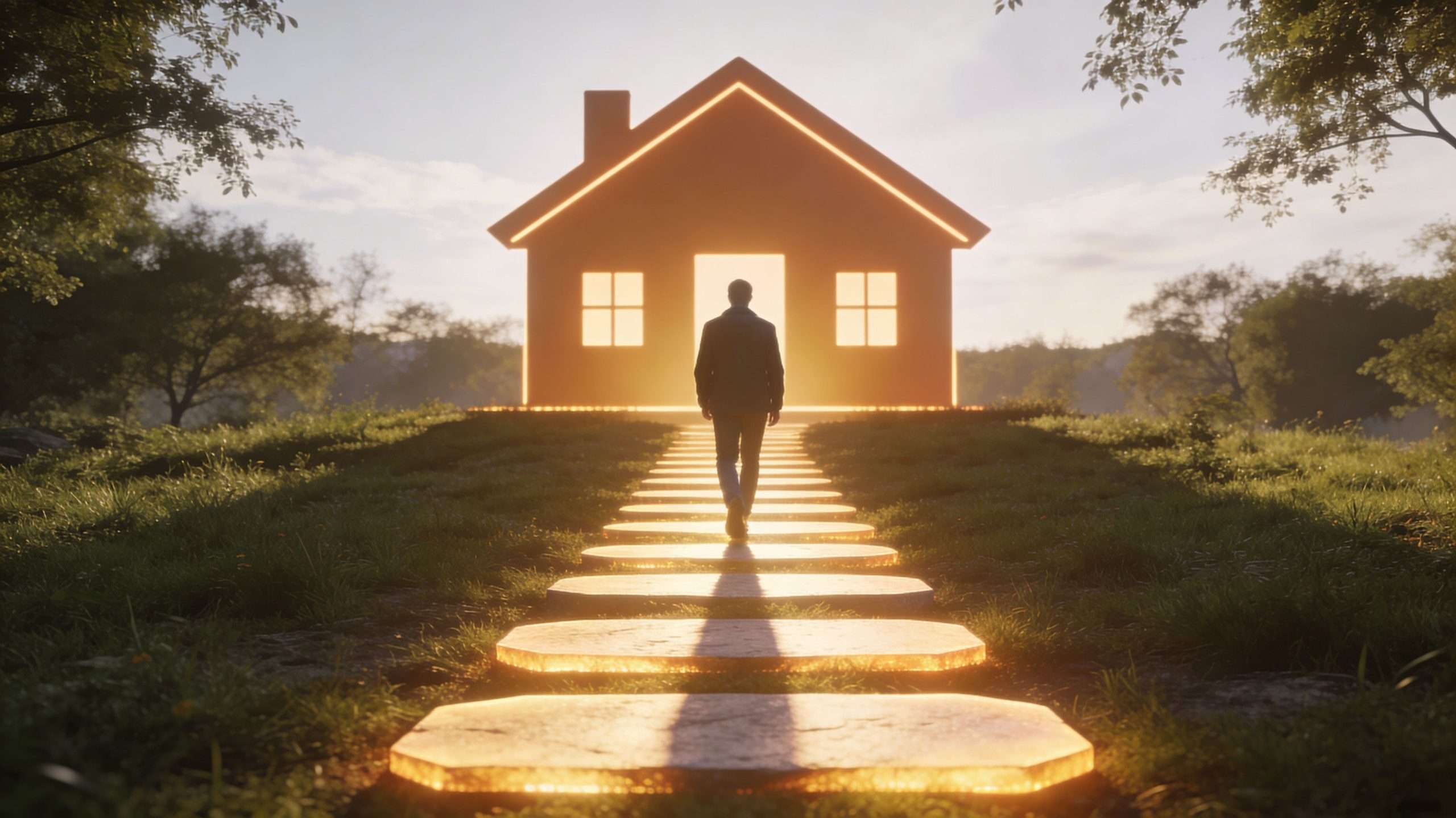A person walks along a glowing stone path towards a bright, warm house in a peaceful meadow.