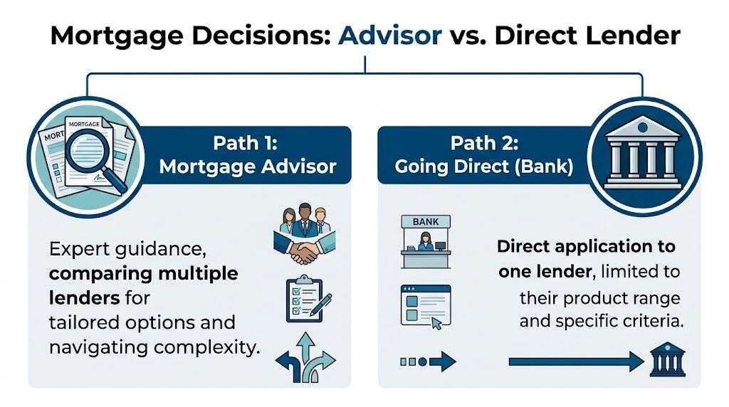 A comparison infographic showing the difference between working with a mortgage advisor versus a direct bank lender.