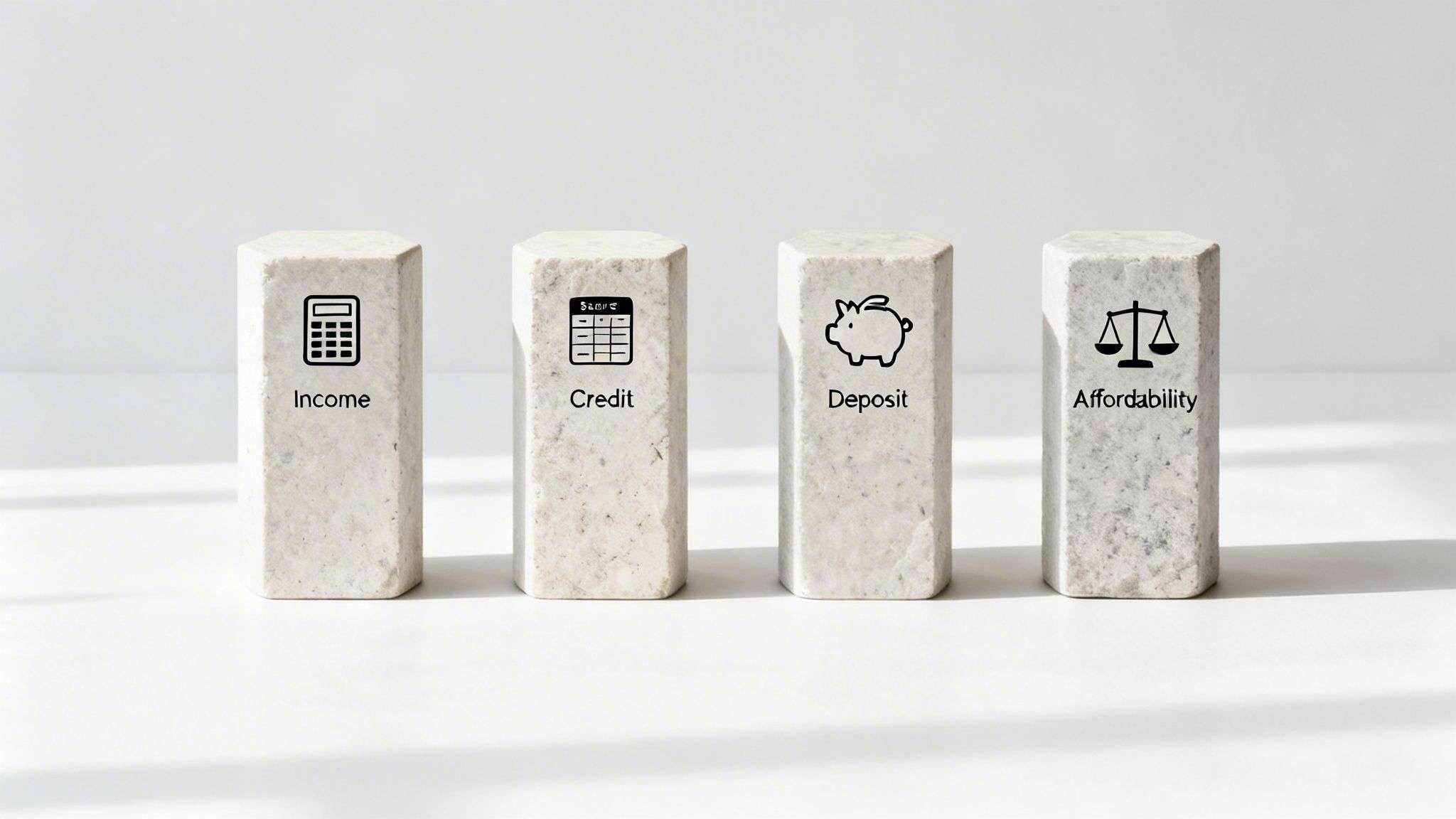 Four stone pillars with icons and text: Income, Credit, Deposit, and Affordability, for financial planning.