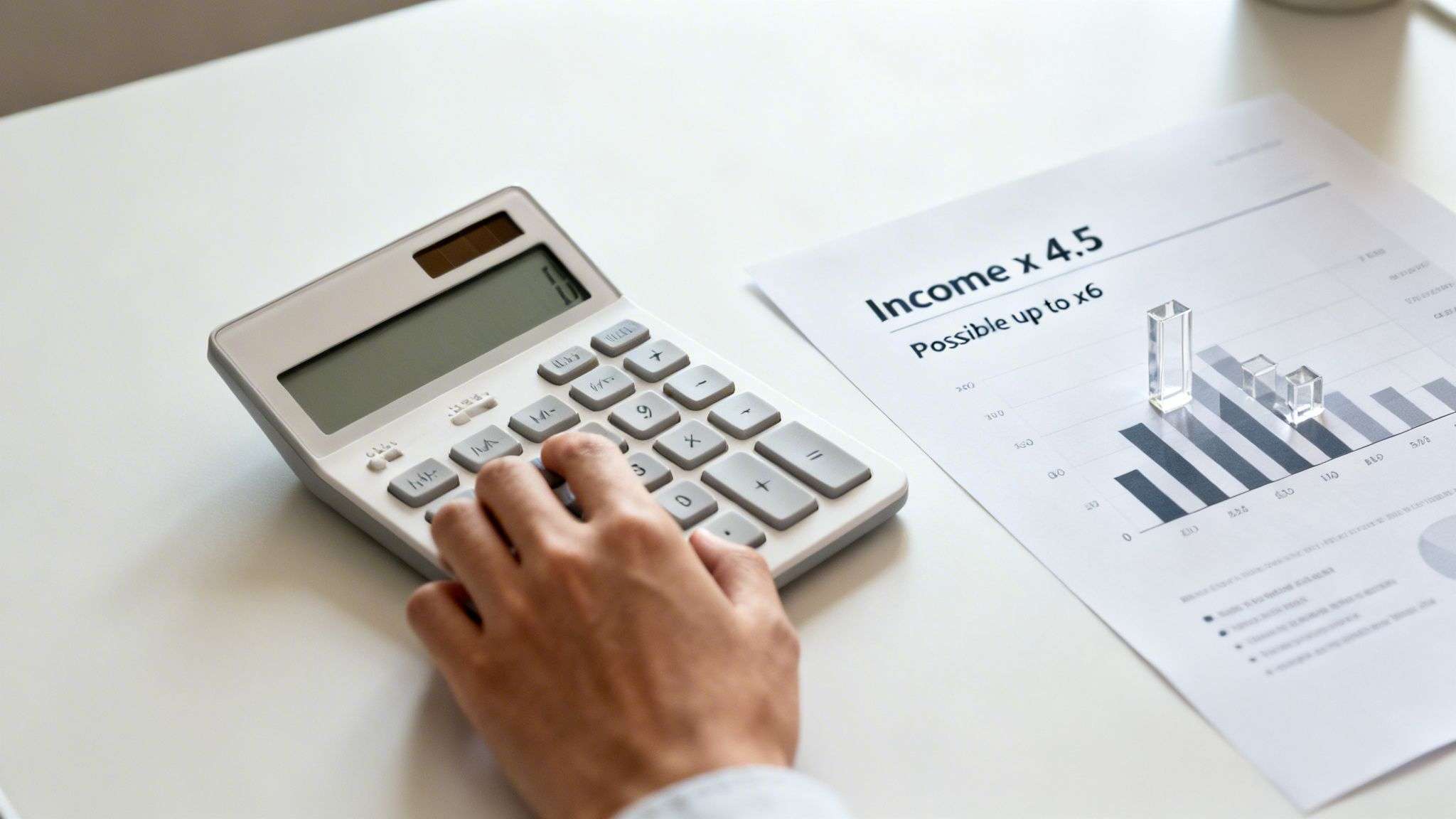 A hand operates a calculator on a white desk next to a financial document showing income calculations and a bar chart.