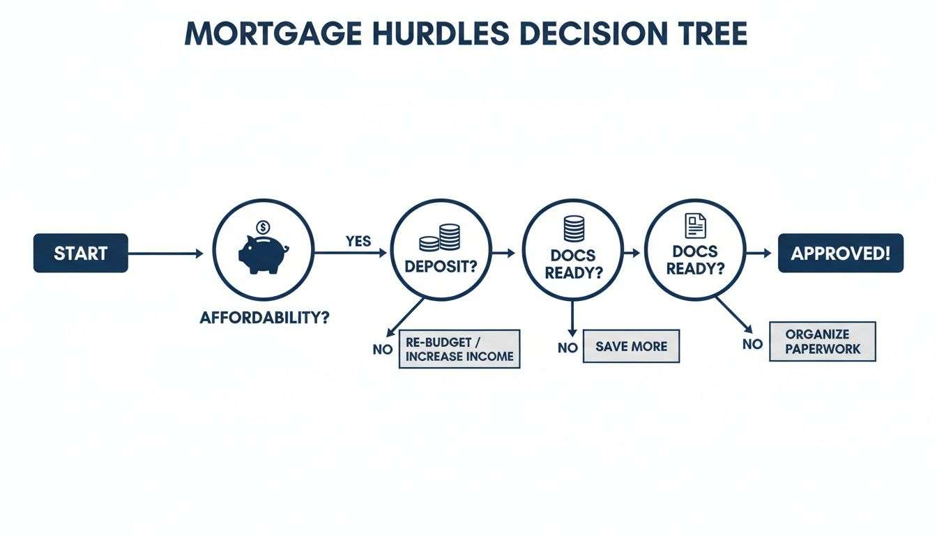 Mortgage hurdles decision tree flow chart showing steps to approval, including affordability, deposit, and documents.