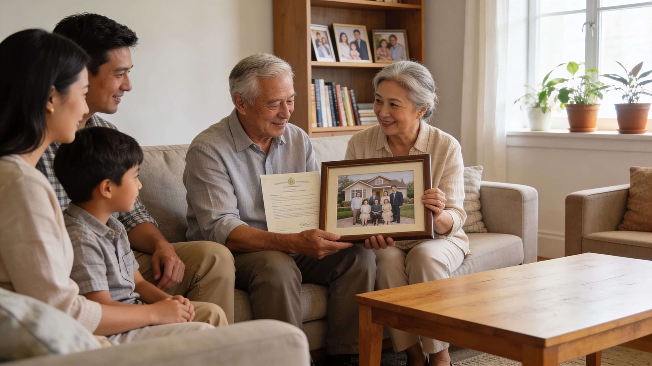 A multi-generational Asian family sitting on a sofa looking at a framed family photograph together.