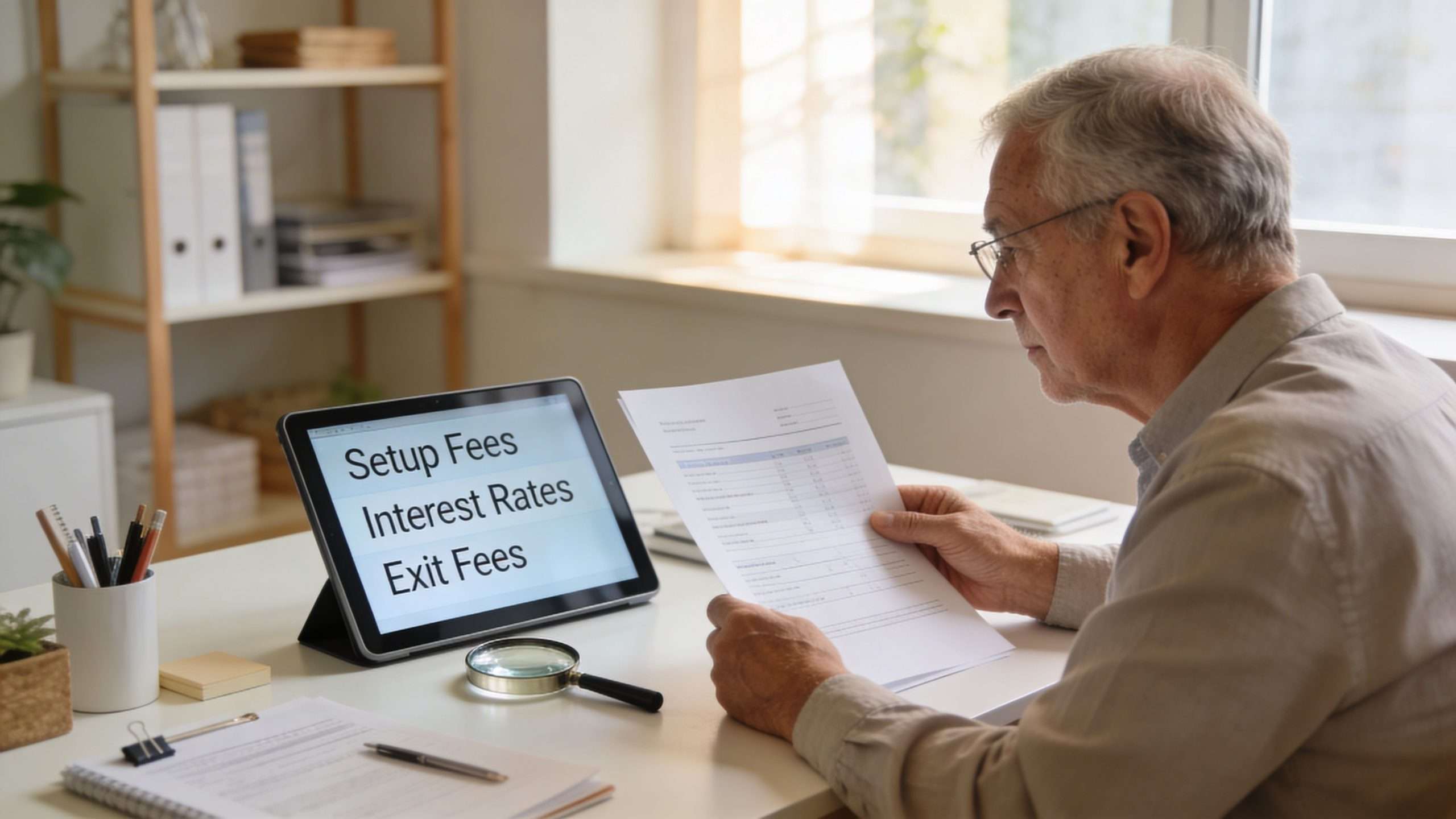 An older man sitting at a desk reviewing financial documents and checking loan details on a tablet.