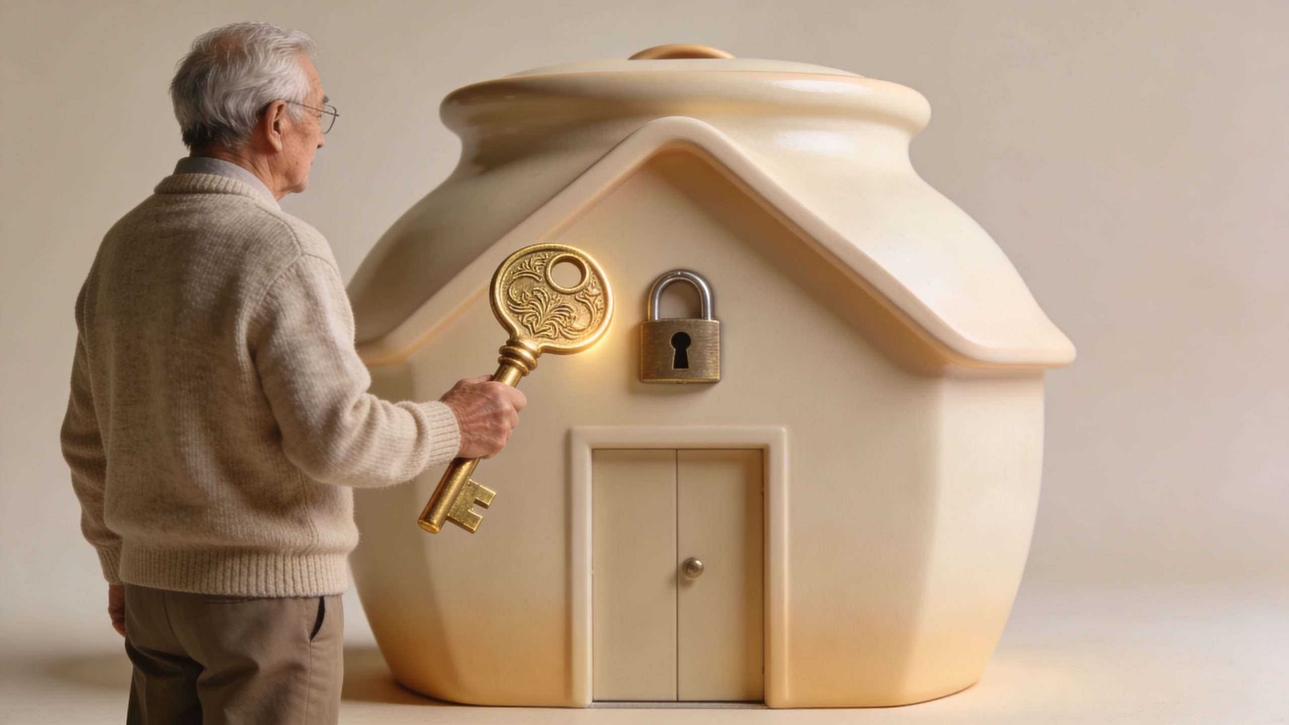 An older man holds a large golden key towards a ceramic house shaped container with a padlock.