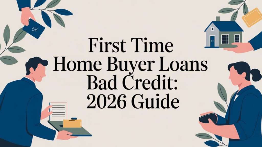 Hero image for a 2026 guide on first-time home buyer loans with bad credit; features people exchanging documents and a small house illustration in the corners.