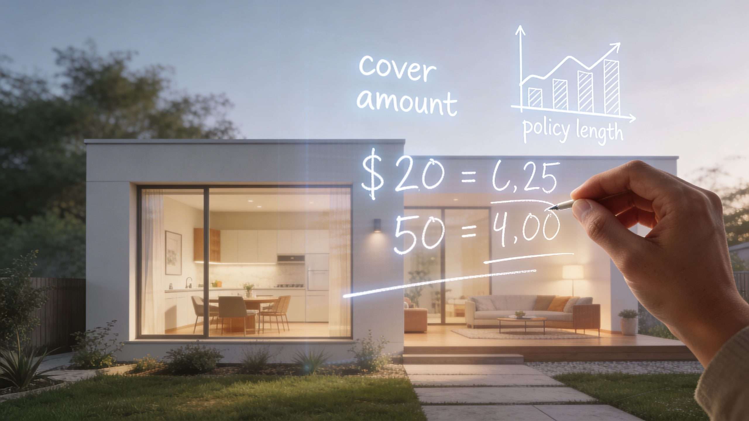 A hand writes insurance calculations on a digital screen layered over a modern home exterior.