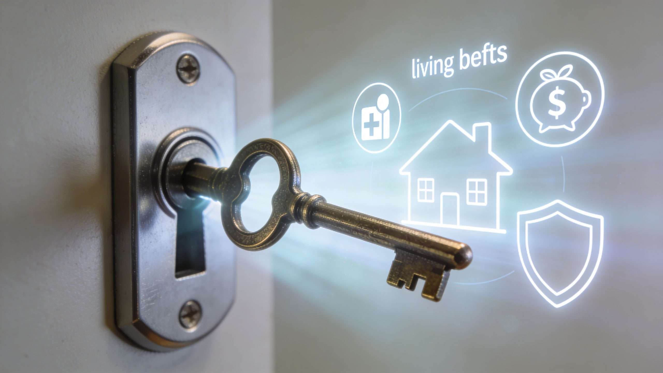 An antique key inserted in a door lock, displaying glowing digital icons representing home and financial benefits.