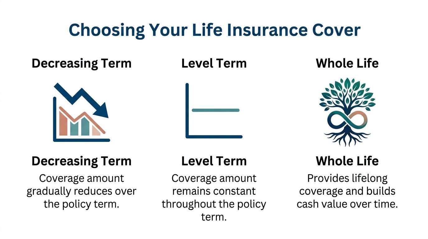 A diagram illustrating three types of life insurance coverage options: Decreasing Term, Level Term, and Whole Life.