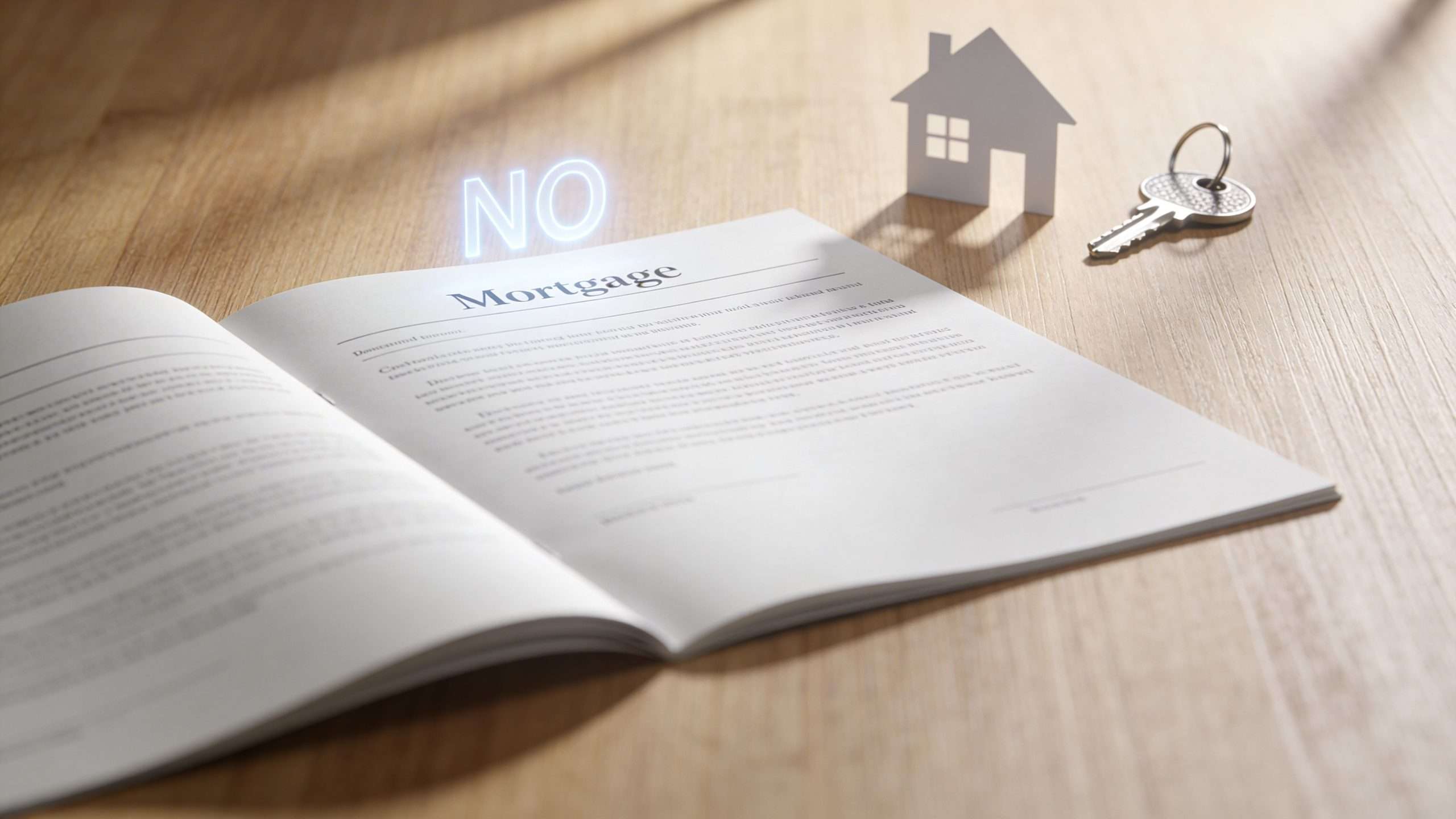 A document titled Mortgage with the word NO hovering above, next to a small paper house and a key.