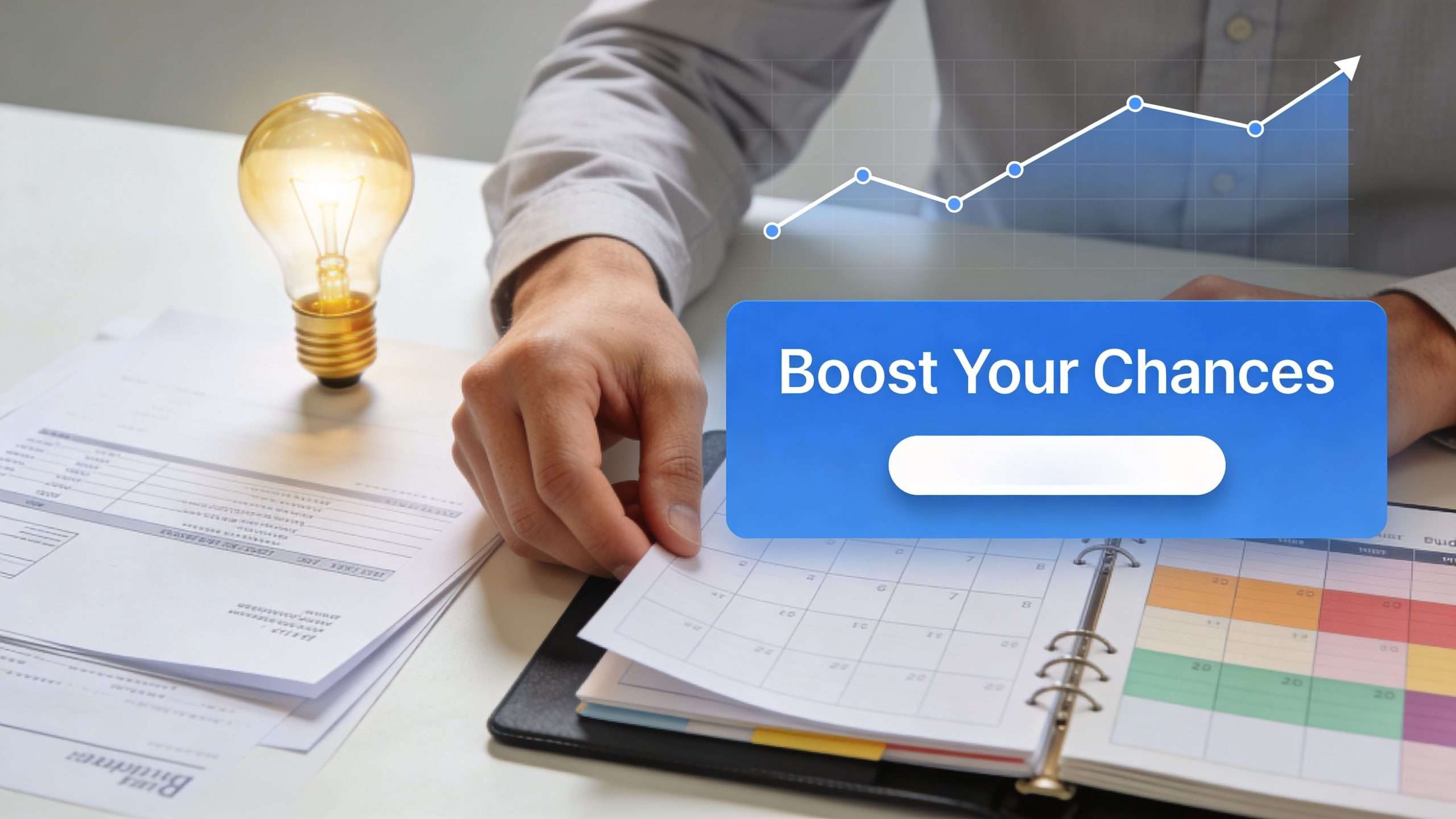 A person reviewing calendar and financial documents with a lightbulb idea icon and business growth chart.