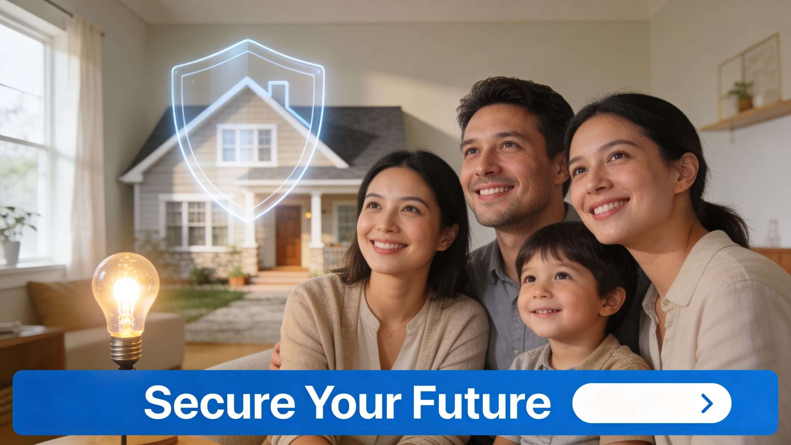 A happy family looking at a digital hologram of a home protection shield inside their modern house.