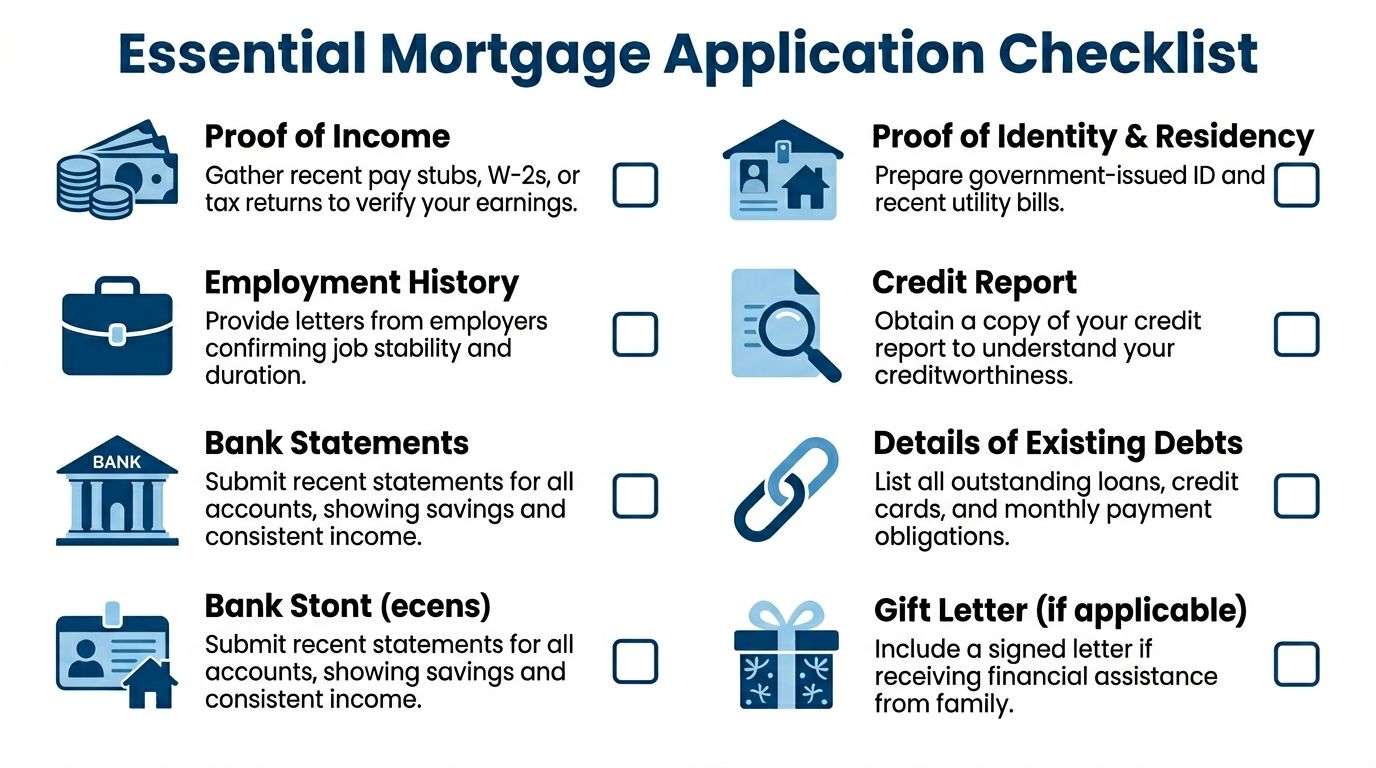 An infographic checklist outlining essential documents needed for a mortgage application, including income, identity, and credit reports.