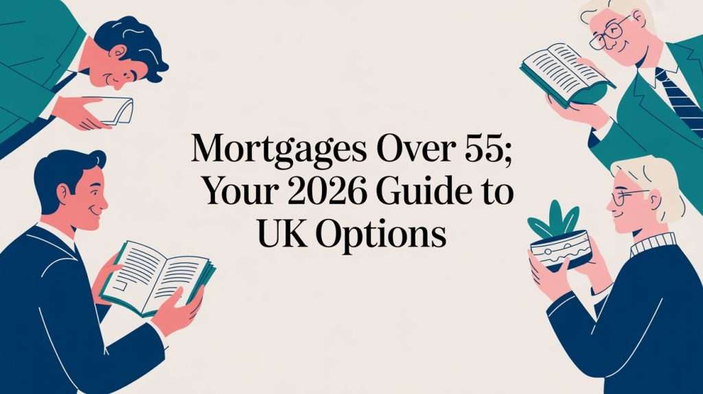 Informational header image about mortgages for people over 55 with a 2026 UK options guide, featuring people reading around a central title