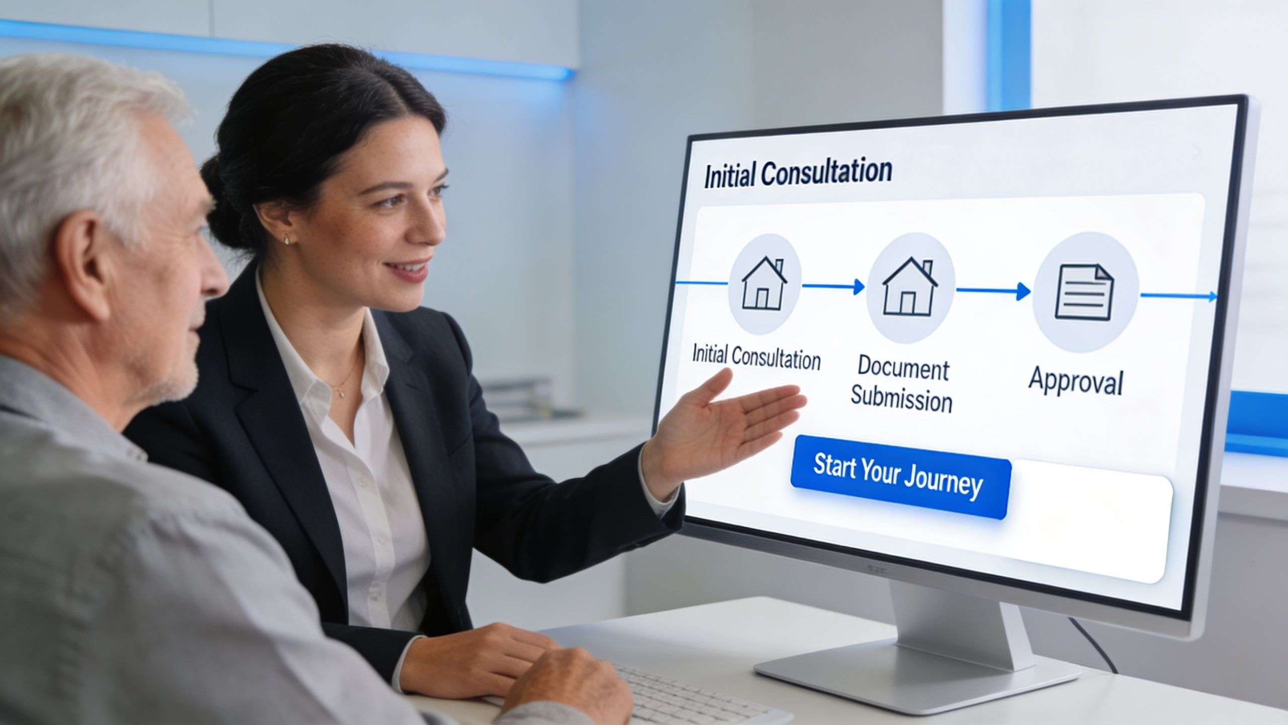 A professional financial advisor explains a three-step mortgage process on a computer screen to a senior client.