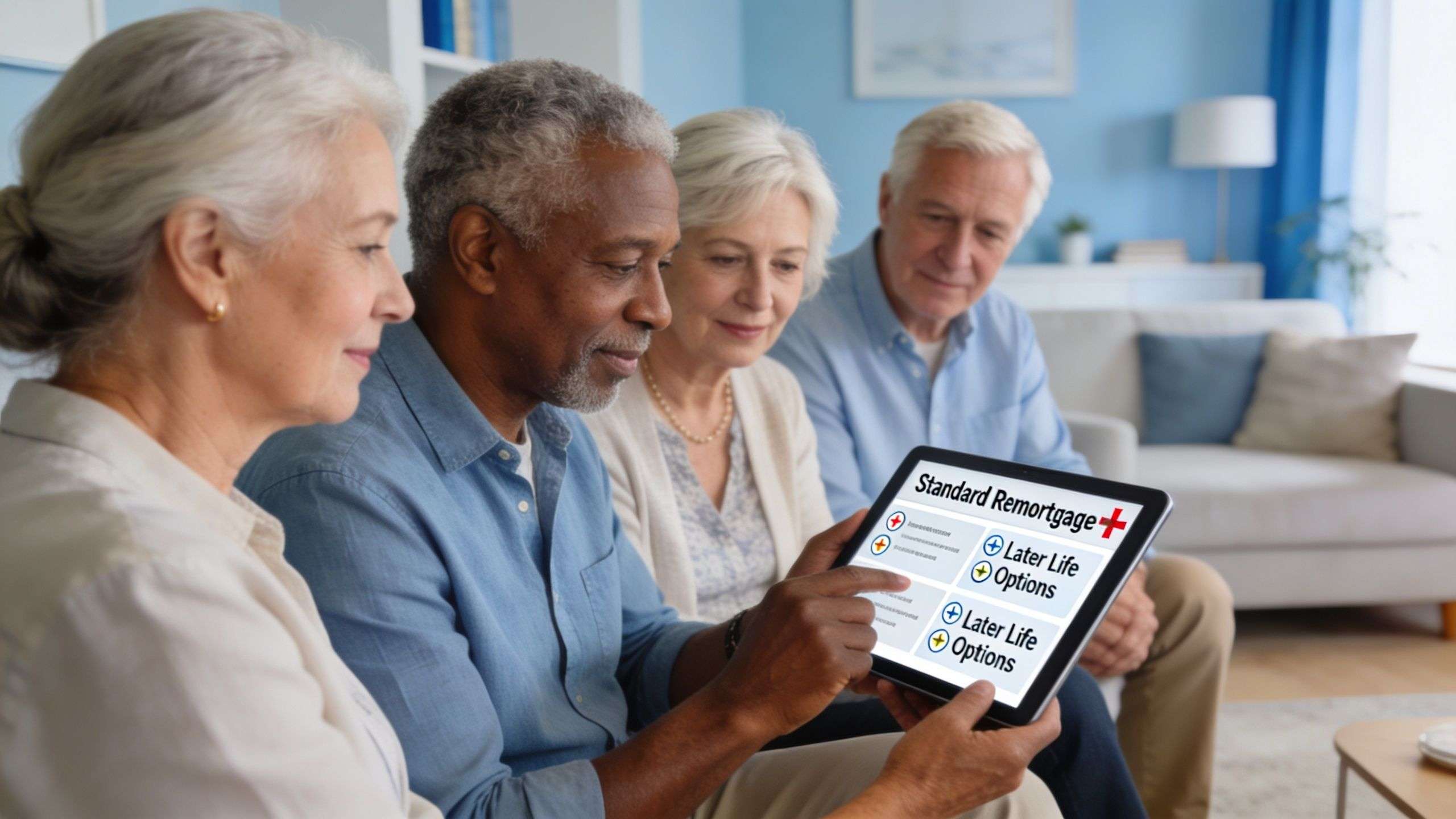 A diverse group of senior adults gathered in a living room, discussing mortgage options using a digital tablet.