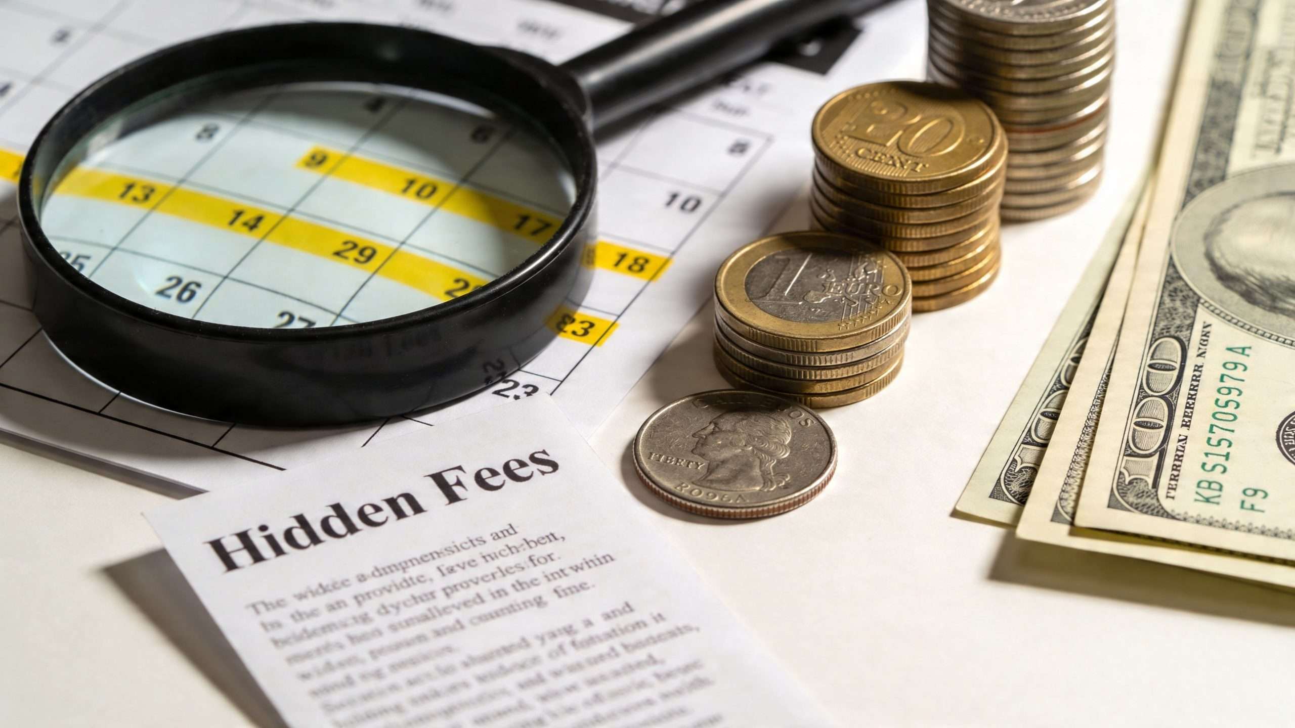A magnifying glass over a calendar, piles of coins, and US currency symbolizing hidden mortgage fees.