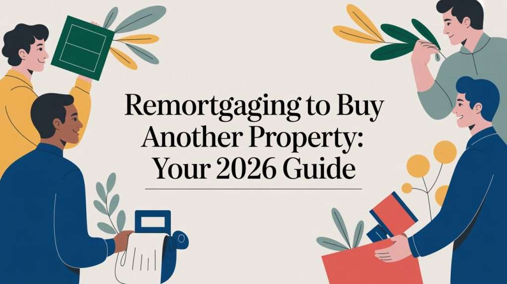 Illustration with four people and plants around a central title: 'Remortgaging to Buy Another Property: Your 2026 Guide'.