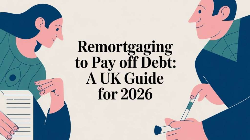 Two stylized people face each other on either side of a central headline that reads 'Remortgaging to Pay off Debt: A UK Guide for 2026'.